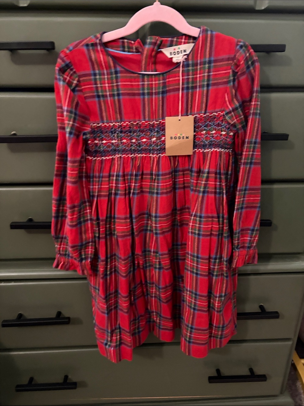 Mini Boden Red Plaid Smocked Long-Sleeve Dress